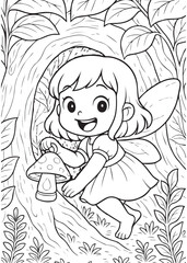 Coloring book  fairy hiding behind a mushroom in the woods.