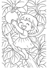 Coloring book fairy climbing a tree to pick fruit.