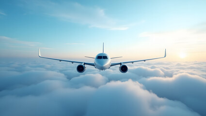 Naklejka premium Airplane Flying Above Clouds During Sunrise