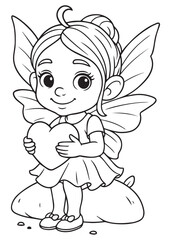 Coloring book fairy holding a heart-shaped object.