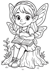 Coloring book fairy reading a book on a tree stump.