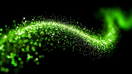 Abstract design of swirling green particles on black background.