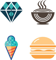Four distinct icons representing food jewelry and dessert on a white background