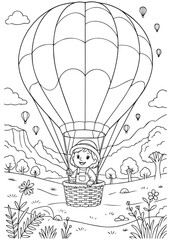 Coloring book fairy flying in a hot air balloon.