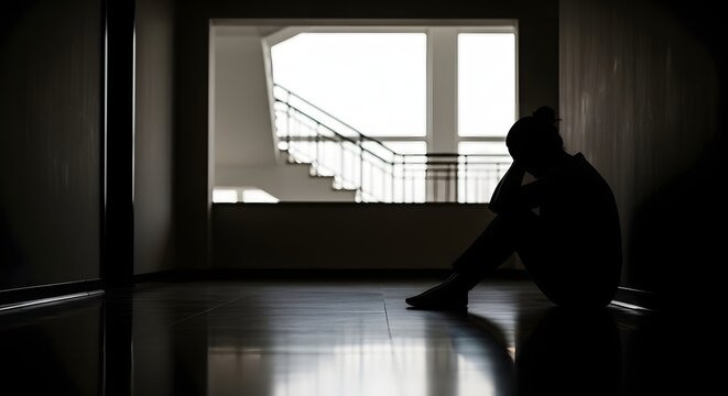 Silhouette of sad woman sitting alone in dark hallway representing depression and mental health issues