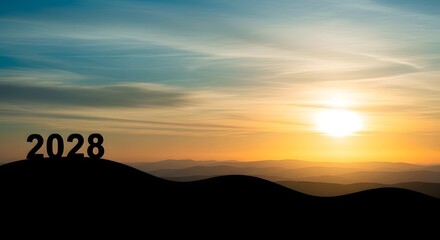 Stock photo of year two thousand twenty eight on mountain at sunset for new year resolutions