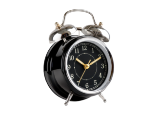Shiny black twin bell alarm clock with golden hands image, Isolated, Png Transparent Background