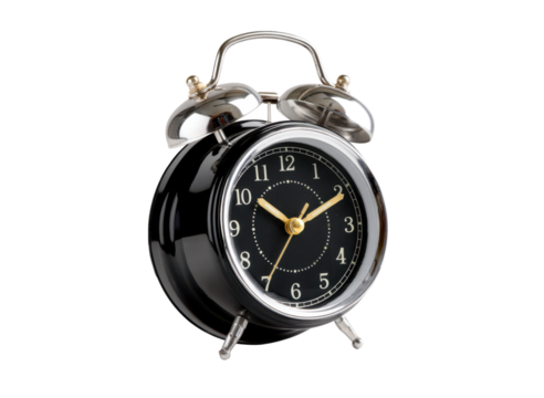 Shiny black twin bell alarm clock with golden hands image, Isolated, Png Transparent Background