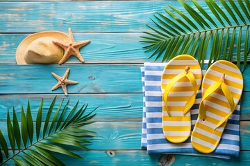 A straw sun hat and starfish are placed on a blue wooden surface with green palm leaves and yellow striped flipflops on a towel
