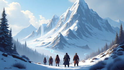 A team of adventurers stand at the base of a colossal snowy mountain range, where icicles hang from cliffs and glowing symbols guide the path.