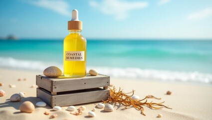 Cosmetic Serum Bottle on Beach with Sea Background – Luxury Skincare Product Photograph