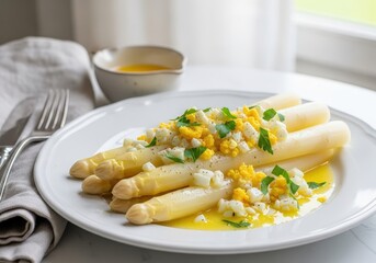 Delicious white asparagus with chopped egg parsley and butter sauce for a fresh spring meal