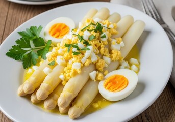 White asparagus with chopped boiled eggs and parsley served on a plate for a spring meal