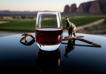Glass of australian red wine with a scenic view of the iconic Uluru rock formations at sunset