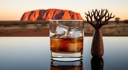 Glass of bundaberg rum on ice with a scenic sunset view of australian uluru rock