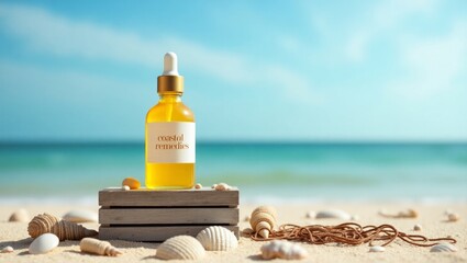 Cosmetic Serum Bottle on Beach with Sea Background – Luxury Skincare Product Photograph