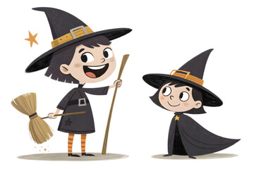 Two Cute Cartoon Witches With