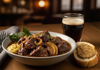 Flemish beef stew Carbonnade flamande served with a dark beer in a cozy pub setting