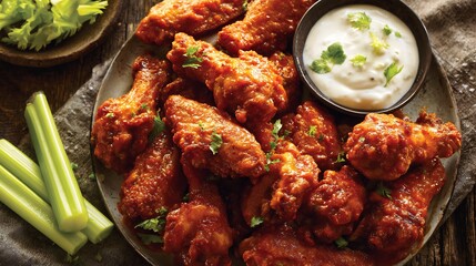 Buffalo wings coated spicy sauce served with celery sticks and ranch dipping sauce on a party table