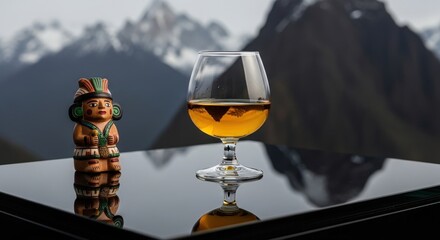 Glass of pisco sour a traditional peruvian drink with a scenic view of the Andes mountains