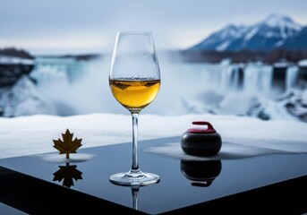 Glass of canadian ice wine with a scenic winter view of Niagara Falls and a curling stone