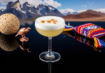 Chilean pisco sour cocktail with foamy top on a reflective table, majestic mountain background