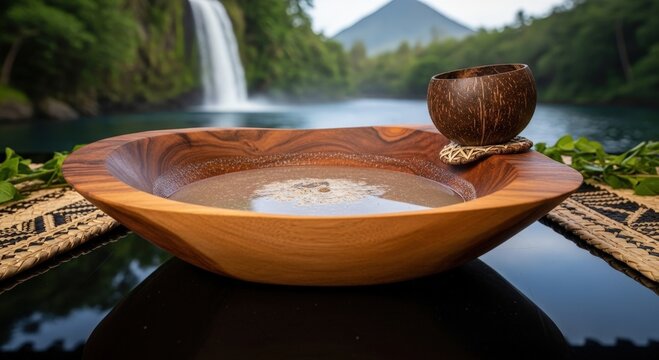 Traditional fijian kava drink in a wooden bowl with a coconut cup and a waterfall background