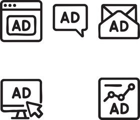 Collection of six minimalist line icons representing various online advertising channels such as websites, emails, social media, and reports, ideal for marketing and business projects.