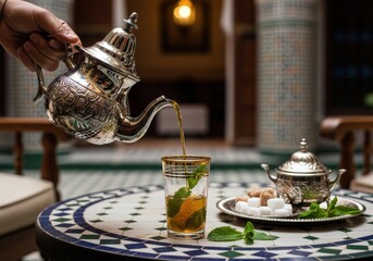 Hand pouring traditional moroccan mint tea from silver teapot in an authentic riad setting
