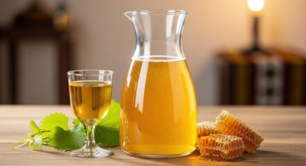 Golden honey mead beverage in a glass and carafe with honeycomb on a wooden table