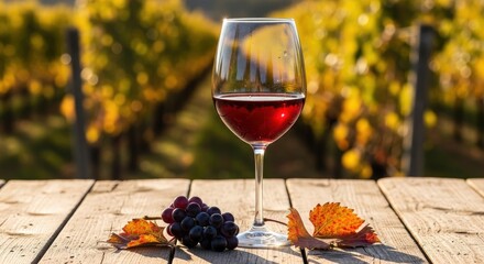 Glass of red wine and grapes on a wooden table in a vineyard during a sunny autumn day