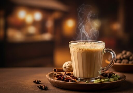 Hot cup of traditional indian masala chai tea with aromatic spices like cinnamon and cardamom