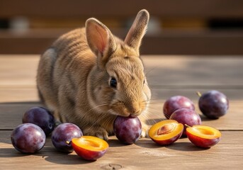 Cute brown rabbit eating a fresh ripe plum on a wooden table in the bright summer sun