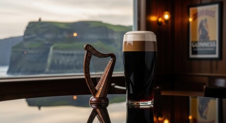 Pint of stout beer and a harp with a scenic view of the Cliffs of Moher in an irish pub