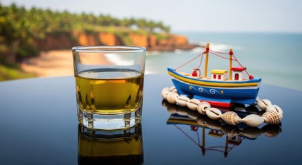 Refreshing fenny drink in glass with decorative boat and shells overlooking beach and cliffs