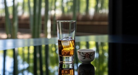 Golden japanese shochu drink with ice in tall glass, sake cup, reflective dark table