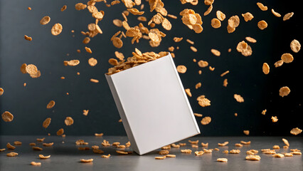 Box of cereal floating in zero gravity with flakes orbiting