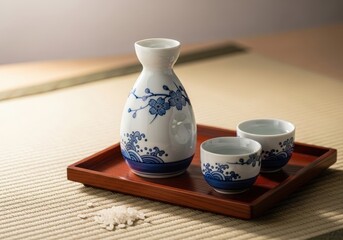 Traditional japanese sake set with a ceramic bottle and cups on a wooden tray over a tatami mat