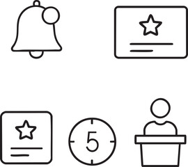 A diverse collection of minimalist line icons for digital interfaces, featuring a notification bell, star rating, five-minute timer, and a public speaker.