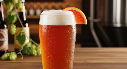 Cold glass of fresh craft ipa beer with a grapefruit garnish in a brewery tasting room
