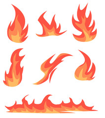 Cartoon campfire. Fire flames, bright fireball, heat wildfire and red hot bonfire, campfire, red fiery flames. Isolated vector illustration set. 