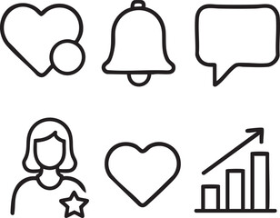 Collection of modern outline icons representing social media engagement, user profile, and business growth metrics on a white background.