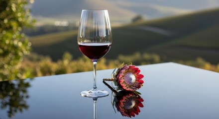 Red wine glass and protea flower on reflective table overlooking beautiful vineyard