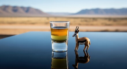 Shot of Mampoer a traditional south african fruit brandy with a scenic view of the Karoo desert