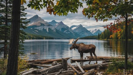 Majestic Moose by Calm Mountain Lake in Autumn