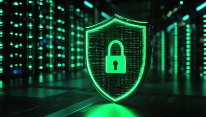 A glowing green shield with a lock icon symbolizes cybersecurity and data protection in a digital server environment.