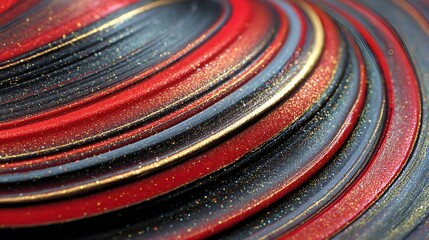 Abstract swirling design with red, black and gold colors.