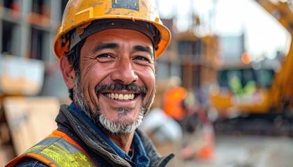 Smiling Construction Worker in Safety Gear at Building Site