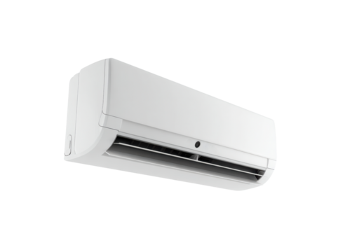 White wall mounted air conditioning unit with blue indicator lights conditioner cooling, Isolated, Png Transparent Background