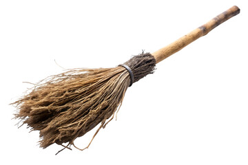 A rustic twig broom with a wooden handle and natural bristles, isolated on a transparent background